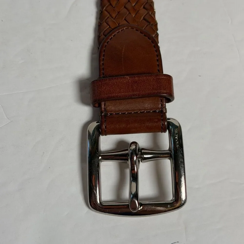 Coach 64459 Brown Braided Woven Leather Belt Size 34 Silver Tone Buckle 48